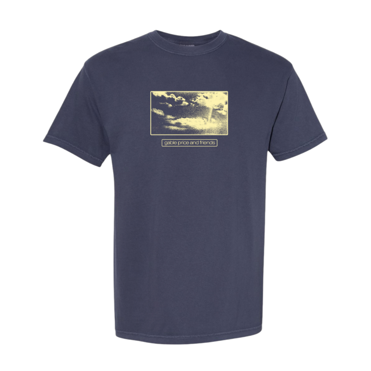 A navy blue short-sleeve crewneck t-shirt featuring a vintage-style rectangular graphic print on the chest with a cloudy sky and the text 'FUCK YOU GUY WHO TOLD YOU WOULD'.