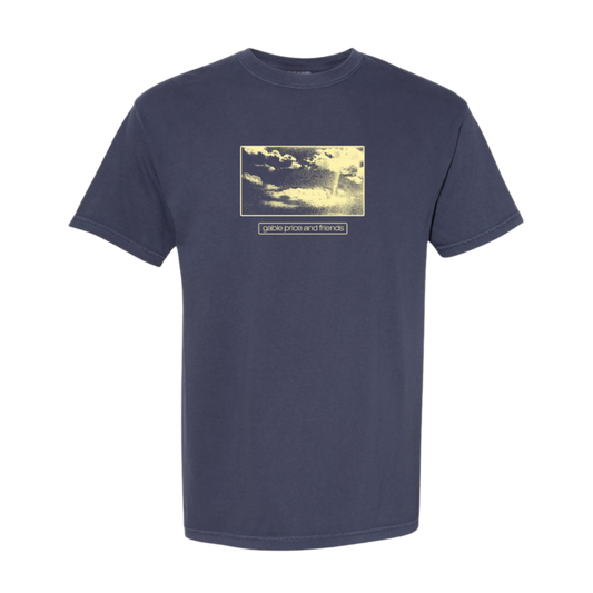 A navy blue short-sleeve crewneck t-shirt featuring a vintage-style rectangular graphic print on the chest with a cloudy sky and the text 'FUCK YOU GUY WHO TOLD YOU WOULD'.